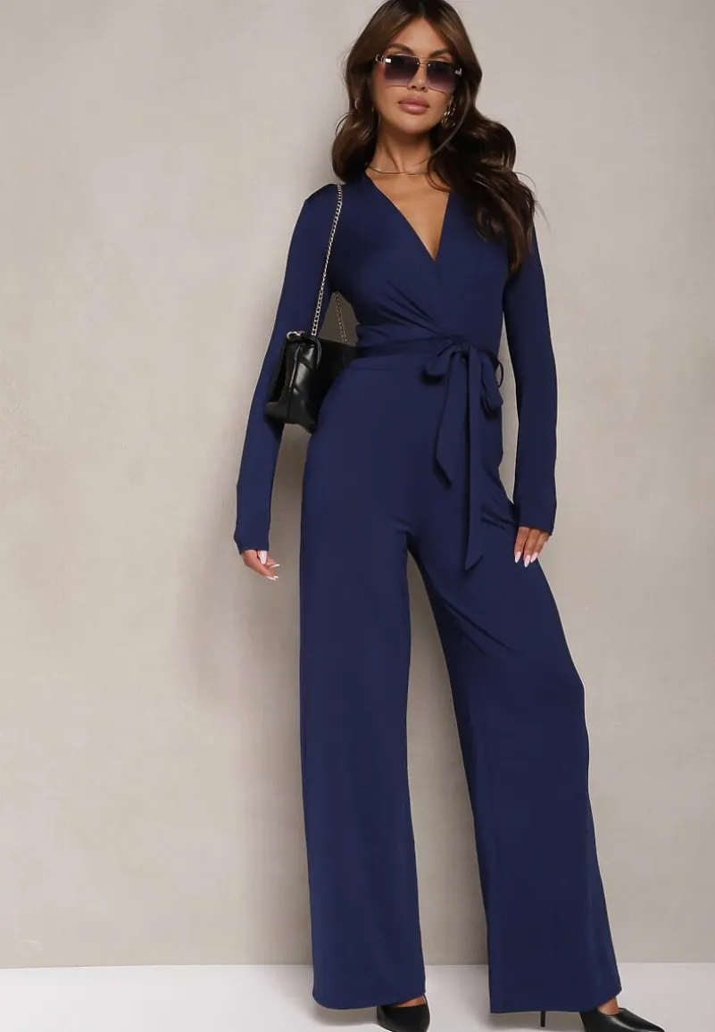 Granatowy Kombinezon z Kopertowym Dekoltem Ivemie