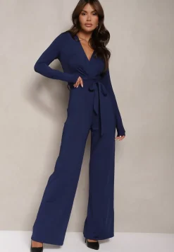 Granatowy Kombinezon z Kopertowym Dekoltem Ivemie