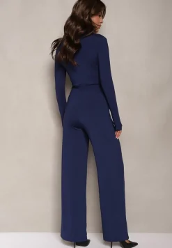 Granatowy Kombinezon z Kopertowym Dekoltem Ivemie