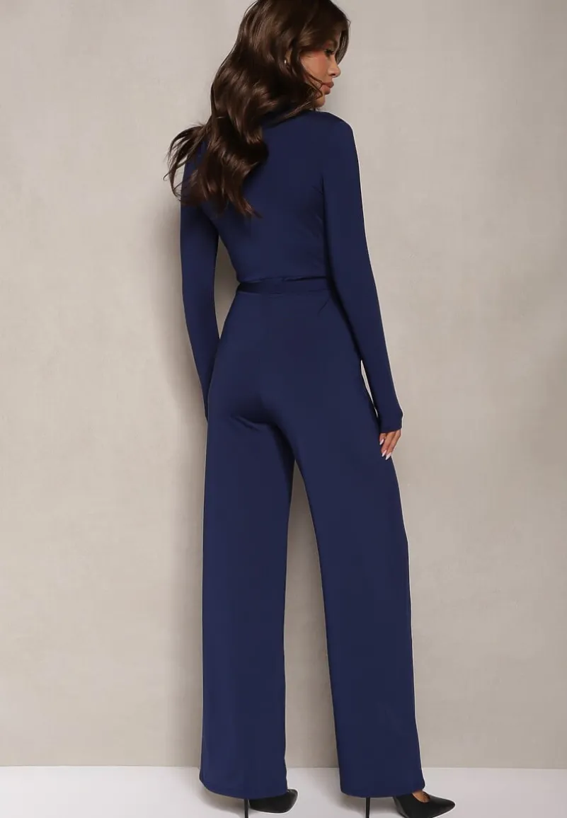 Granatowy Kombinezon z Kopertowym Dekoltem Ivemie