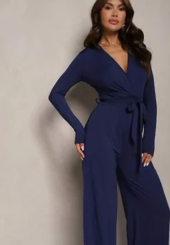 Granatowy Kombinezon z Kopertowym Dekoltem Ivemie