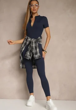 Granatowy Kombinezon z Półgolfem i Przeszyciami Lumaleine