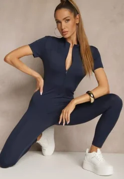 Granatowy Kombinezon z Półgolfem i Przeszyciami Lumaleine