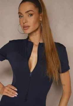 Granatowy Kombinezon z Półgolfem i Przeszyciami Lumaleine