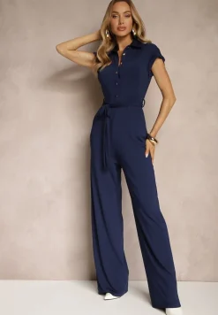 Granatowy Kombinezon z Wiskozą o Koszulowym Kroju z Wiązanym Paskiem Ninathra