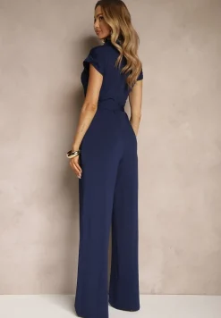 Granatowy Kombinezon z Wiskozą o Koszulowym Kroju z Wiązanym Paskiem Ninathra