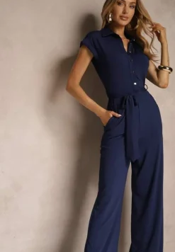 Granatowy Kombinezon z Wiskozą o Koszulowym Kroju z Wiązanym Paskiem Ninathra