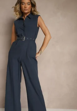 Granatowy Kombinezon z Wiskozą o Taliowanym Kroju z Kołnierzykiem i Paskiem Ravisse