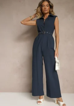Granatowy Kombinezon z Wiskozą o Taliowanym Kroju z Kołnierzykiem i Paskiem Ravisse