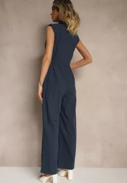 Granatowy Kombinezon z Wiskozą o Taliowanym Kroju z Kołnierzykiem i Paskiem Ravisse