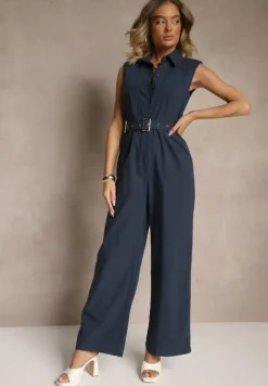 Granatowy Kombinezon z Wiskozą o Taliowanym Kroju z Kołnierzykiem i Paskiem Ravisse