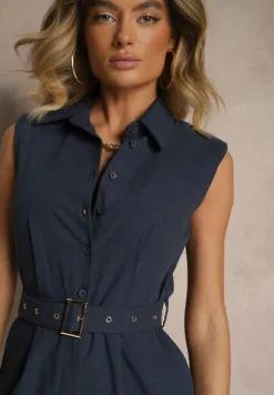 Granatowy Kombinezon z Wiskozą o Taliowanym Kroju z Kołnierzykiem i Paskiem Ravisse