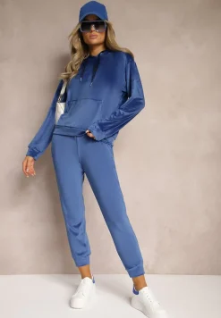 Granatowy Komplet Dresowy z Dodatkiem Bawełny Spodnie z Gumką w Pasie Bluza z Kapturem Reseria