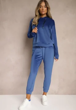 Granatowy Komplet Dresowy z Dodatkiem Bawełny Spodnie z Gumką w Pasie Bluza z Kapturem Reseria