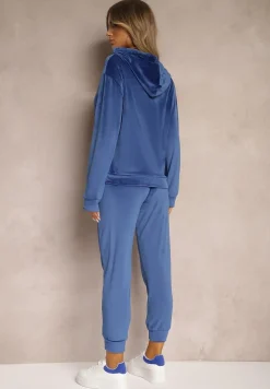 Granatowy Komplet Dresowy z Dodatkiem Bawełny Spodnie z Gumką w Pasie Bluza z Kapturem Reseria