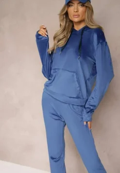 Granatowy Komplet Dresowy z Dodatkiem Bawełny Spodnie z Gumką w Pasie Bluza z Kapturem Reseria