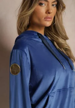 Granatowy Komplet Dresowy z Dodatkiem Bawełny Spodnie z Gumką w Pasie Bluza z Kapturem Reseria