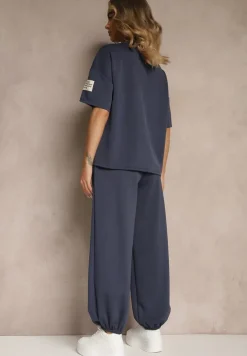 Granatowy Komplet Dresowy z Wiskozą T-shirt i Joggery Zdobione Naszywkami Idareia
