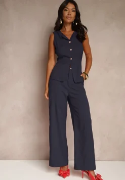 Granatowy Komplet o Garniturowym Kroju Spodnie Wide Leg i Taliowana Kamizelka Nalinise