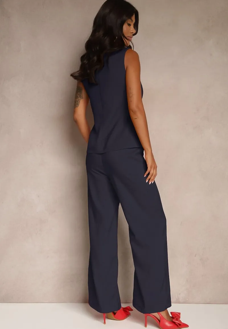 Granatowy Komplet o Garniturowym Kroju Spodnie Wide Leg i Taliowana Kamizelka Nalinise