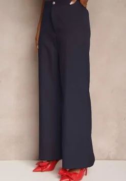 Granatowy Komplet o Garniturowym Kroju Spodnie Wide Leg i Taliowana Kamizelka Nalinise