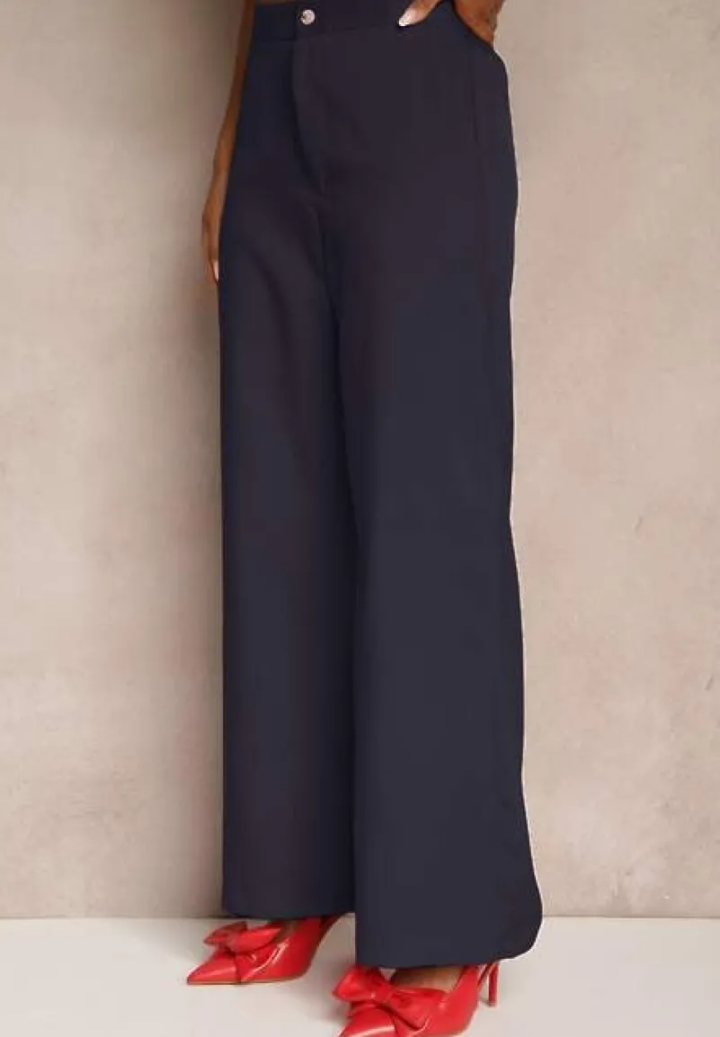 Granatowy Komplet o Garniturowym Kroju Spodnie Wide Leg i Taliowana Kamizelka Nalinise