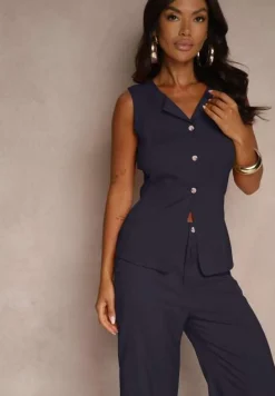 Granatowy Komplet o Garniturowym Kroju Spodnie Wide Leg i Taliowana Kamizelka Nalinise