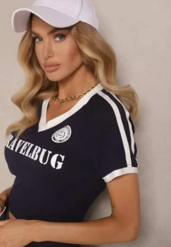 Granatowy Komplet Spódnico- Spodenki i Top Ozdobiony Nadrukiem Nuriessa