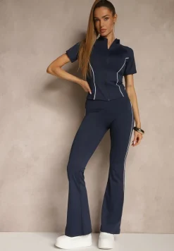 Granatowy Komplet Sportowy Spodnie Dzwony i Koszulka z Suwakiem Lumecine