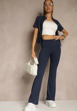 Granatowy Komplet Sportowy Spodnie Dzwony i Koszulka z Suwakiem Lumecine