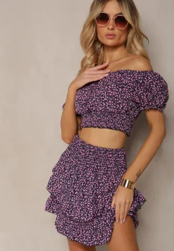 Granatowy Komplet w Kwiaty 2-Częściowy Top w Stylu Hiszpanki i Spódnica z Falbanką Crispa