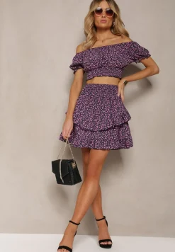 Granatowy Komplet w Kwiaty 2-Częściowy Top w Stylu Hiszpanki i Spódnica z Falbanką Crispa