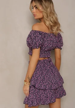 Granatowy Komplet w Kwiaty 2-Częściowy Top w Stylu Hiszpanki i Spódnica z Falbanką Crispa