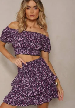 Granatowy Komplet w Kwiaty 2-Częściowy Top w Stylu Hiszpanki i Spódnica z Falbanką Crispa