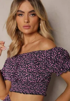 Granatowy Komplet w Kwiaty 2-Częściowy Top w Stylu Hiszpanki i Spódnica z Falbanką Crispa