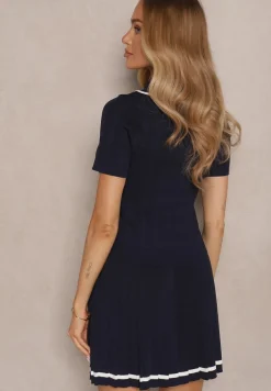 Granatowy Komplet w Stylu Mundurka Sweter Polo z Krótkim Rękawem Kokardka i Spódnica Lariona