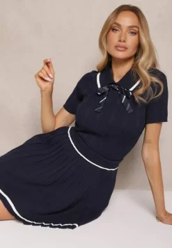 Granatowy Komplet w Stylu Mundurka Sweter Polo z Krótkim Rękawem Kokardka i Spódnica Lariona