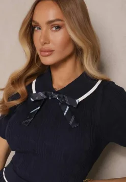 Granatowy Komplet w Stylu Mundurka Sweter Polo z Krótkim Rękawem Kokardka i Spódnica Lariona