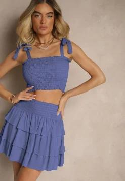 Granatowy Komplet z Bawełny Spódnica z Falbanami i Top z Kokardami Sarionae