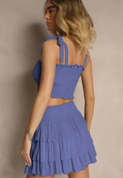 Granatowy Komplet z Bawełny Spódnica z Falbanami i Top z Kokardami Sarionae