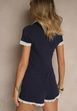 Granatowy Komplet z Bawełny Bluzka Polo i Szorty Tilentia