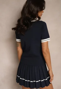 Granatowy Komplet z Dzianiny z Wiskozą Koszulka Polo i Spódnica z Plisami Virreia