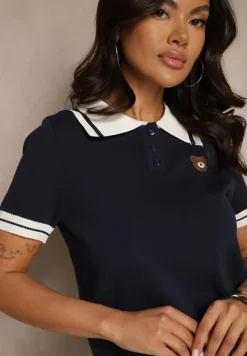 Granatowy Komplet z Dzianiny z Wiskozą Koszulka Polo i Spódnica z Plisami Virreia