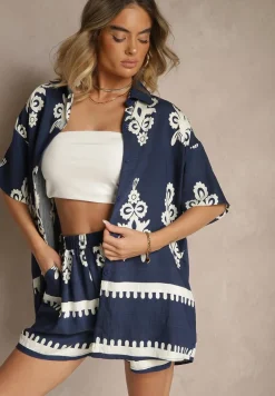 Granatowy Komplet z Rustykalnym Wzorem z Szortami i Koszulą Tosnea