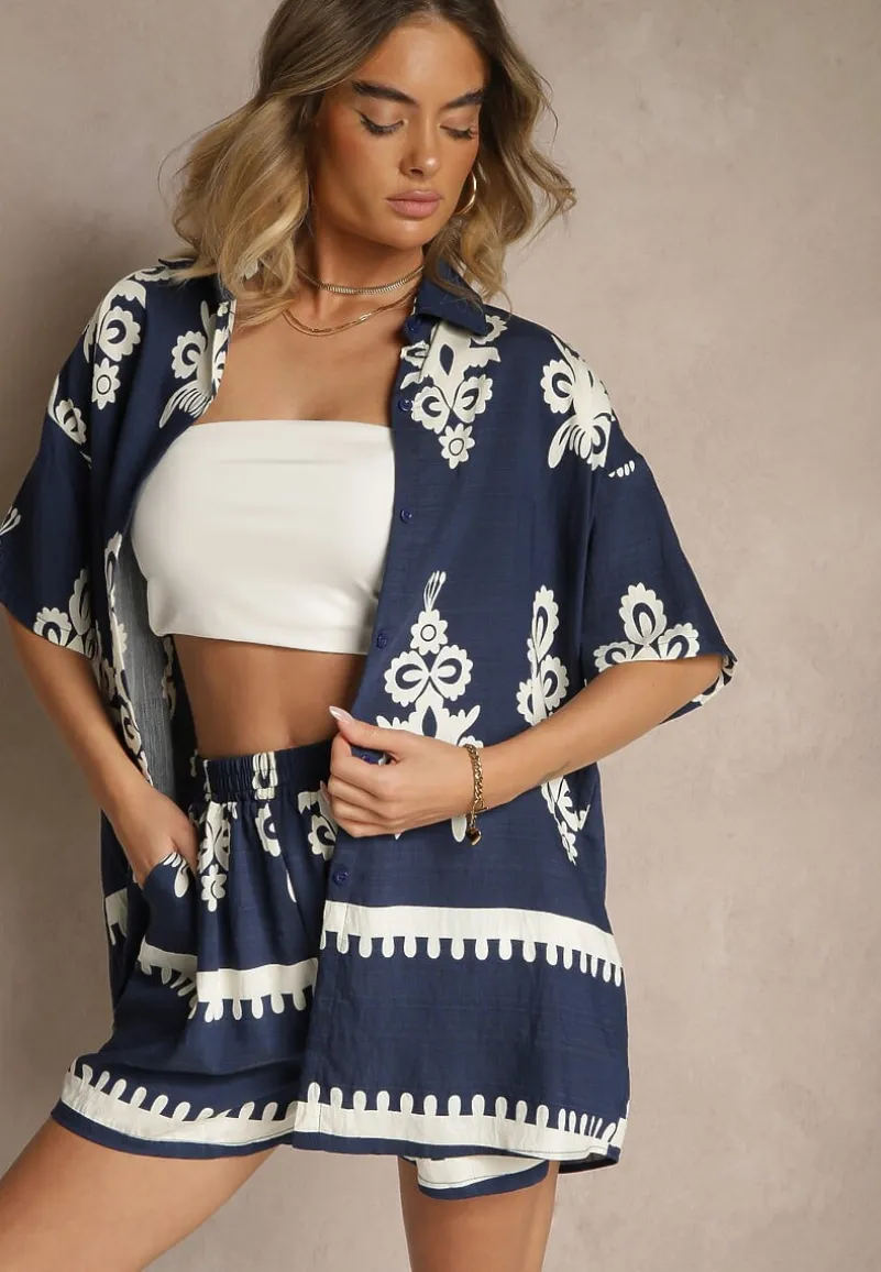 Granatowy Komplet z Rustykalnym Wzorem z Szortami i Koszulą Tosnea