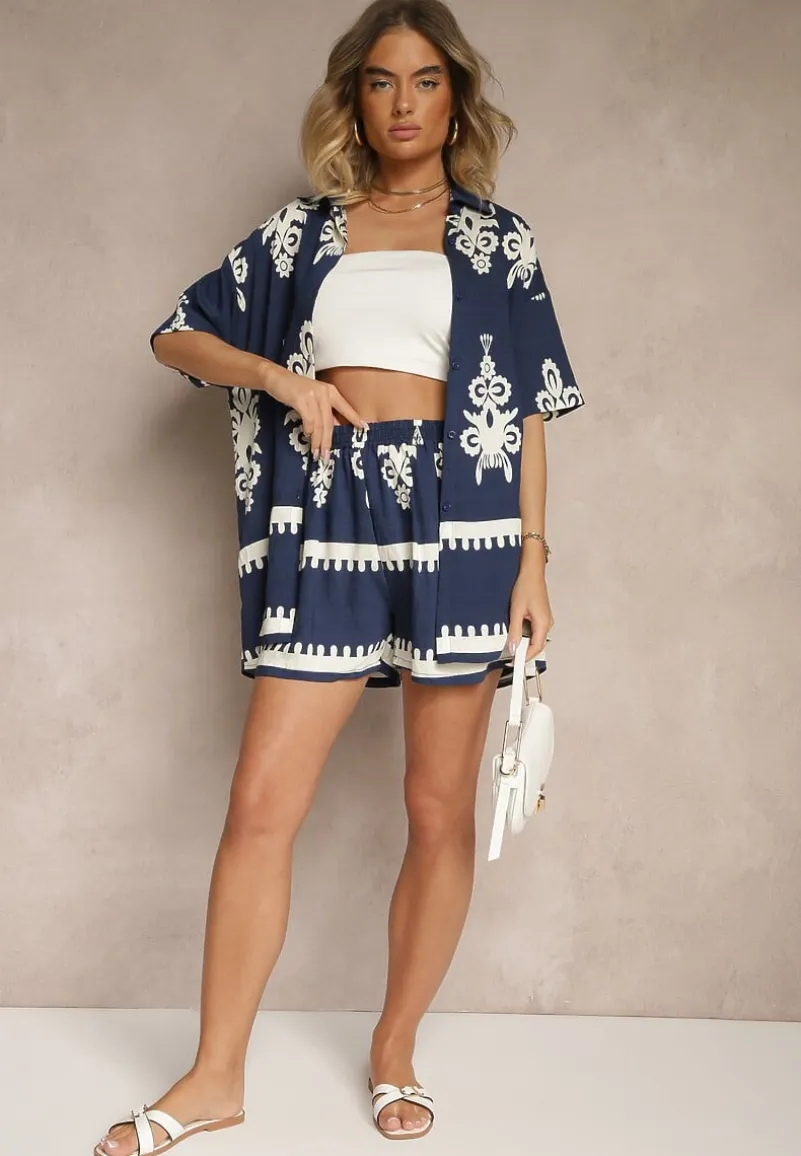 Granatowy Komplet z Rustykalnym Wzorem z Szortami i Koszulą Tosnea