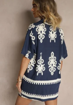 Granatowy Komplet z Rustykalnym Wzorem z Szortami i Koszulą Tosnea