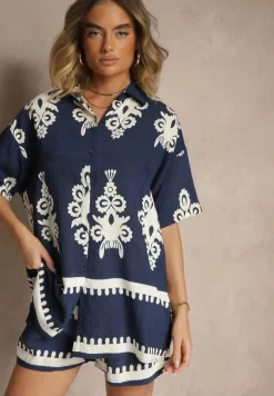 Granatowy Komplet z Rustykalnym Wzorem z Szortami i Koszulą Tosnea