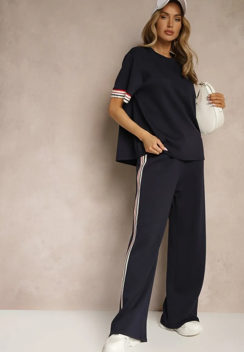 Granatowy Komplet z Wiskozą Bluzka Ozdobiona Paskami i Szerokie Spodnie Nilassea