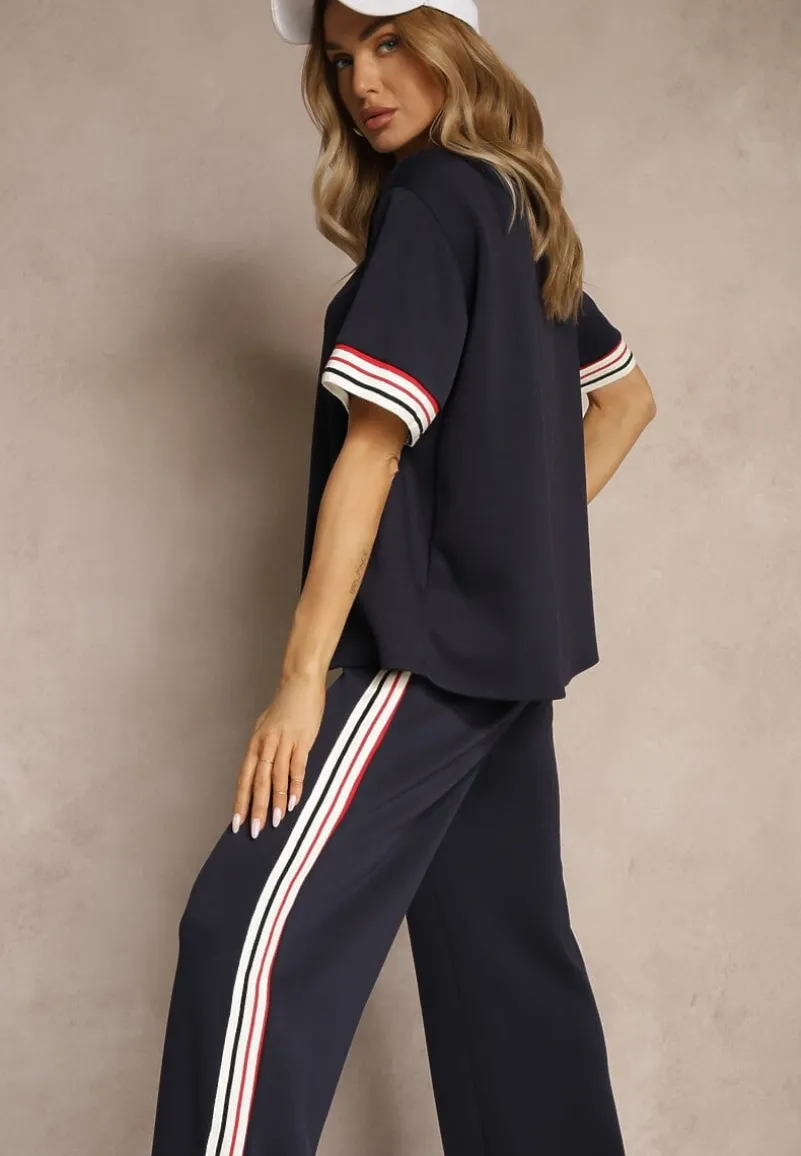 Granatowy Komplet z Wiskozą Bluzka Ozdobiona Paskami i Szerokie Spodnie Nilassea